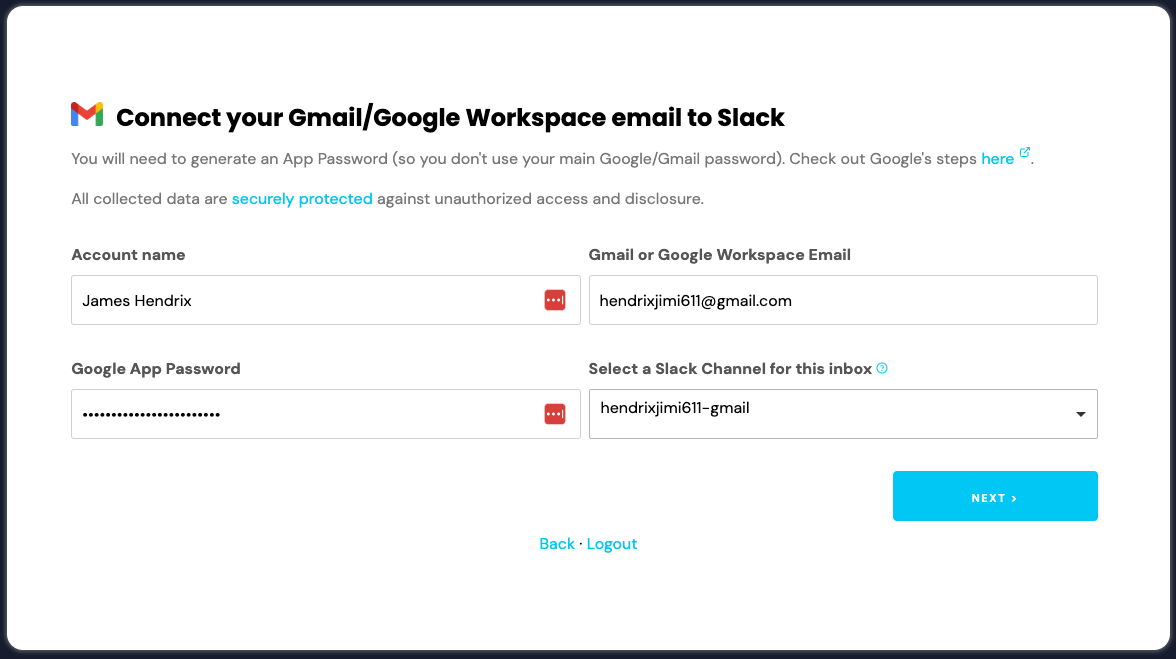 Connect gmail to slack screenshot