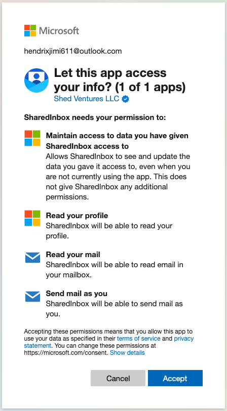 Microsoft OAuth authorization screen