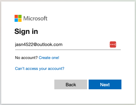 Microsoft sign in screen - username