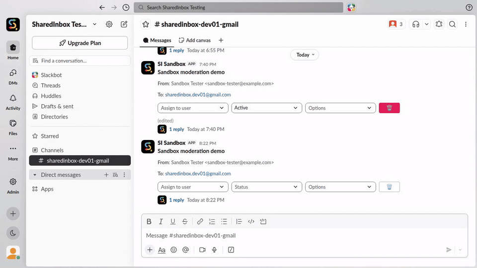Deleting and marking an email as spam from Slack with the new Options menu and delete button
