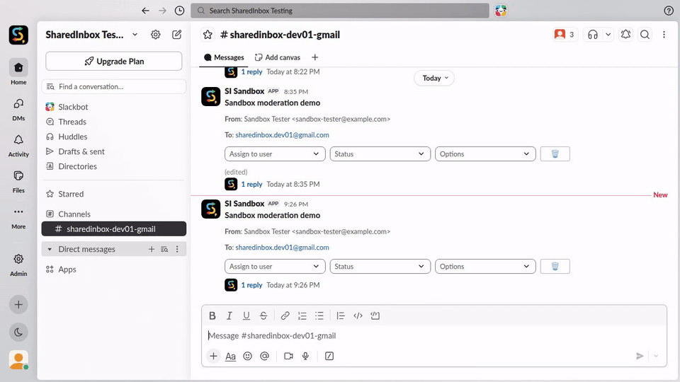 Changing an email's assignee and status in Slack, with each change saving automatically